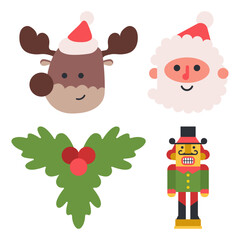 Funny Christmas icons vector cartoon set isolated on a white background.