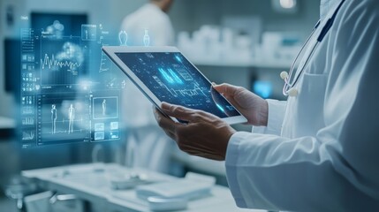 A healthcare professional uses a tablet displaying digital health data in a modern medical environment.