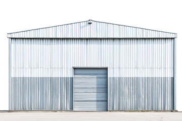 A simple, metallic warehouse with a gabled roof and a central door, on transparent background.