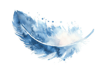 A delicate blue watercolor feather with soft, flowing lines and splashes of color, showcasing artistic flair and natural beauty.
