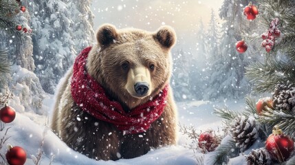Brown Bear in Red Scarf In The Snowy Forest


