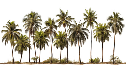 Tropical coconut trees with swaying green fronds, creating a serene and lush landscape, isolated on transparent background.