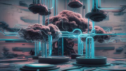 Abstract Cloud Data Center, Futuristic Server Room with Neon Lights
