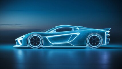 Naklejka premium Futuristic Sports Car Wireframe Model, Digital Design Concept for Automotive Industry