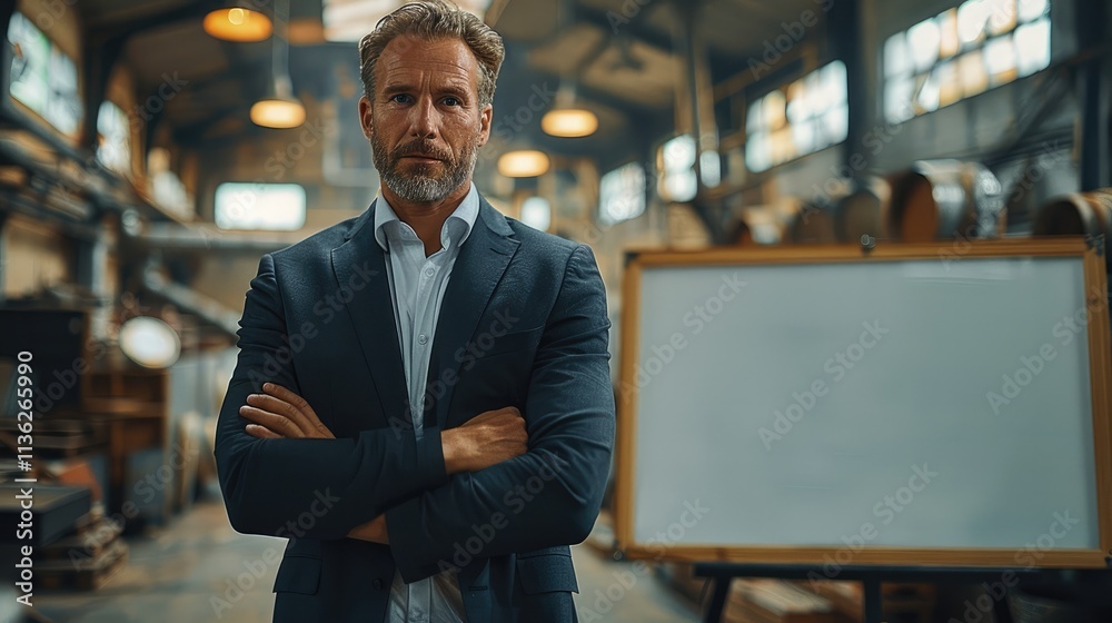Poster a man in a suit stands next to a whiteboard and gives a speech in a factory office.