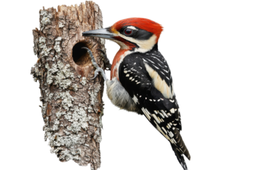 A woodpecker pecks at a tree trunk, creating a hole, showcasing its vibrant red head and striking black and white plumage.