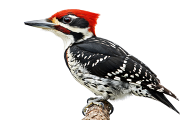 A striking woodpecker with a vibrant red crown, bold black and white plumage, perched on a branch, showcasing its distinct features.