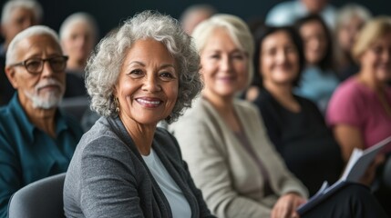 A diverse group of older adults smiling and engaged, seated in a lecture or workshop setting, exuding a sense of community and learning.