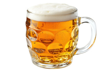 A frothy beer in a glass mug, showcasing a golden hue and bubbles.
