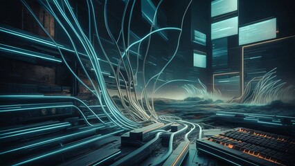 Fototapeta premium Futuristic Tech Landscape, Abstract Digital Network Cables and Screens