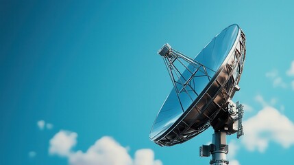 A massive satellite dish pointed toward the sky under a clear blue background"