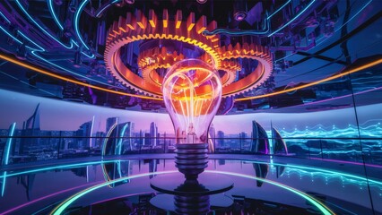 Obraz premium Futuristic Cityscape, Illuminated Lightbulb with Gears, Innovation Concept