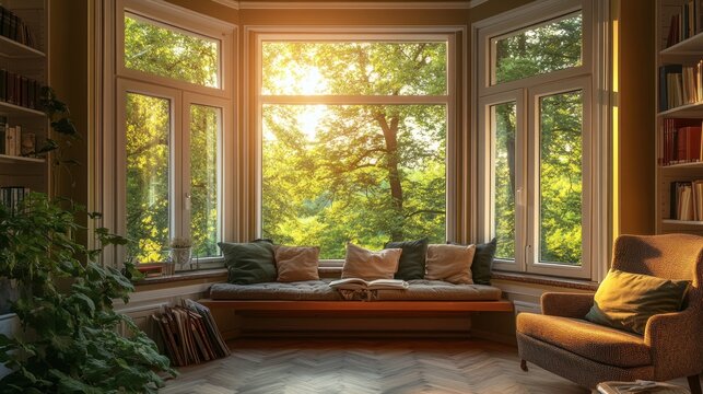 Sunlit bay window with seating area, bookshelves, and green view.