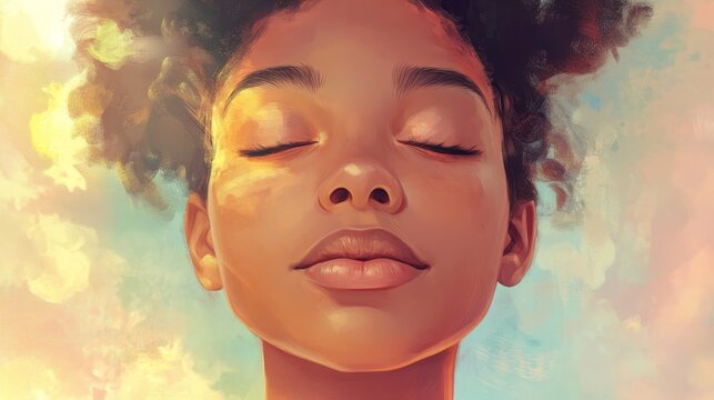 Serene portrait of girl with closed eyes against soft pastel background, peaceful expression, dreamy, calm vibes