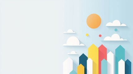 Fototapeta premium A colorful, minimalist cityscape with a sun and clouds, conveying a cheerful atmosphere.