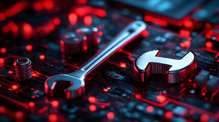 Fototapeta premium Close-up of wrench and socket on circuit board.