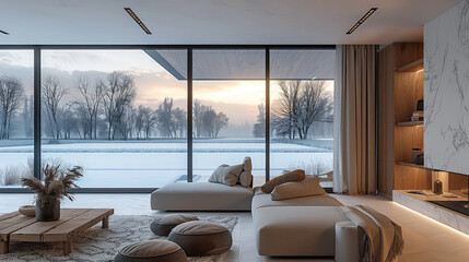 A cozy interior of a countryside home during early winter. A large panoramic window reveals a...