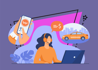 Cab online ordering process. Hands of passenger using taxi service application on cell, dispatcher in headset taking order. For mobile app, taxicab, city transport concept