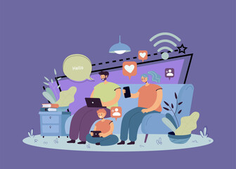 Naklejka premium Addicted family using digital gadgets for chatting on social media. Parents and kid using smartphone, laptop, tablet at home. Vector illustration for internet addiction, online communication concept