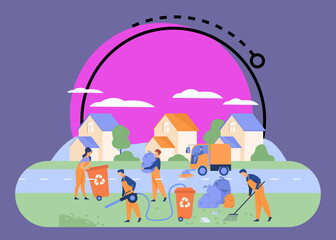 Cleaning workers picking up litter on suburban street, washing road, carrying bag with garbage to trash bin. Vector illustration for cleaner, janitor job, city service concept