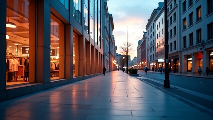 Fototapeta premium Empty urban walkway at twilight, modern building facade with lit shop signs.