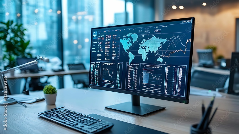 Canvas Prints bankruptcy lawsuit. a sleek office setup features a large monitor displaying global data analytics a