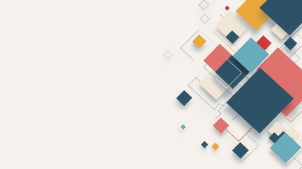 Abstract geometric design featuring colorful squares and rectangles on a light background.