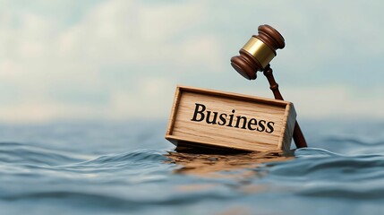 Bankruptcy lawsuit. A wooden box labeled "Business" is floating on water, accompanied by a gavel, symbolizing legal issues in the business world.