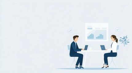 Obraz premium Two professionals discussing data at a table with laptops and a chart in the background.