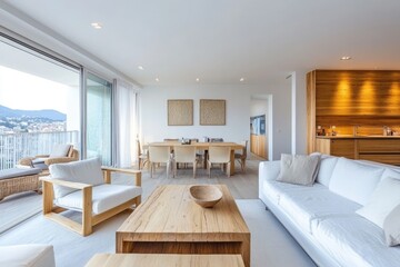 Fototapeta premium Elegant Living Room in White and Wood: Modern Interior Featuring Sofa and Armchair for Luxurious Apartment Design