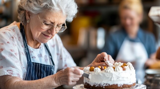 An elderly woman skillfully decorates a cake in a cozy kitchen, exuding warmth and creativity while another person works in the background.