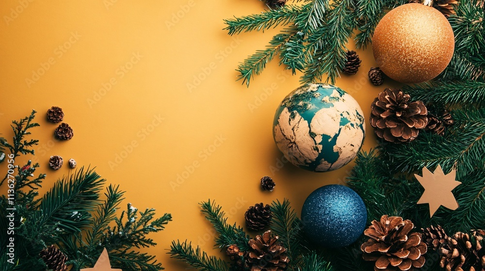 Poster christmas ornaments and fir tree branches forming a frame on yellow background