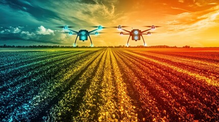 A striking artwork of a smart agricultural field, where glowing IoT sensors analyze crop health, while drones equipped with AI deliver targeted care. The vibrant colors of the crops and advanced 