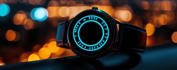 A sleek, modern watch glowing with blue accents against a blurred city background, showcasing its stylish design and advanced features.