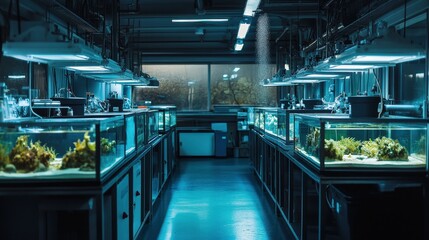 Fototapeta premium Illuminated Marine Research Facility with Tanks Housing Coral and Aquatic Life in a Modern Laboratory Environment