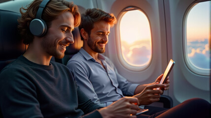Two young men enjoy entertainment on their devices while sitting on a plane, with a sunset view outside the window. Ideal for promoting travel experiences, leisure activities, and in-flight services