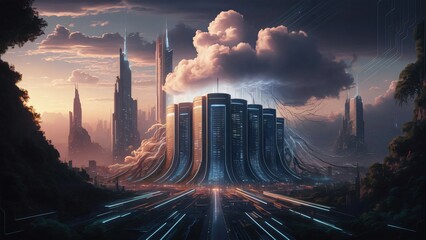 Fototapeta premium Futuristic Cityscape at Sunset, Bio-Integrated Towers and Neon Highways