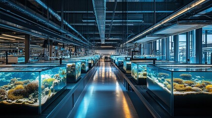 Fototapeta premium Modern Marine Biology Research Facility Featuring Multiple Aquariums Housing Diverse Coral and Marine Life for Scientific Study and Observation