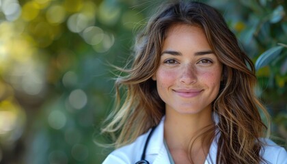 Obraz premium A young female doctor smiles outdoors amidst green foliage