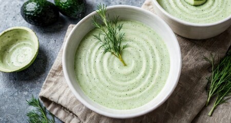 Creamy green soup garnished with herbs, served in bowls on a textured surface.