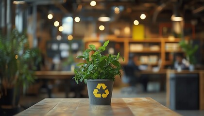 Ecofriendly office environment with blurred employees discussing recycling, sustainability projects, and environmental initiatives, modern workspace with green focus