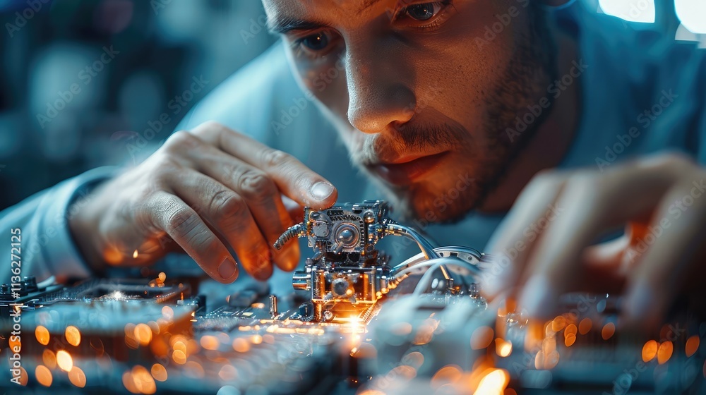 Fototapete a man participating in a robotics workshop, assembling a small robot.