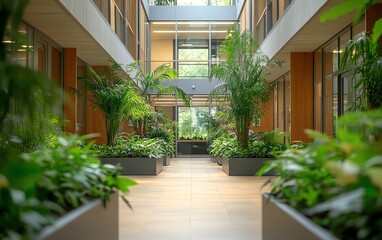 Ecofriendly office space with sustainable architecture, green plants, and modern design elements, promoting a healthy, green work environment