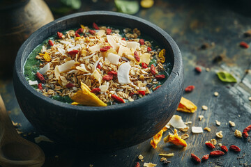 Delicious healthy bowl topped with granola and colorful ingredients for a nutritious meal
