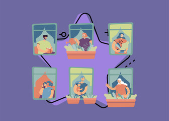 People standing at windows in their apartment, watering home plants, talking on cell, enjoying leisure. External view of building facade. For neighbors, neighborhood, city life concept