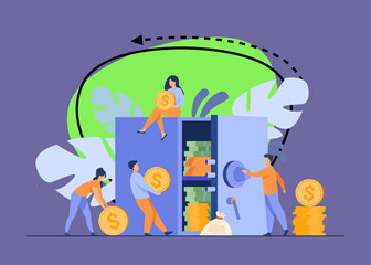 People keeping money in bank, protecting savings in safe. Vector illustration for secure finance, deposit, investment, safety concept