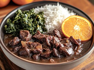 A delicious bowl featuring beef stew, rice, saut?ed greens, and an orange slice.