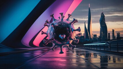 Microscopic Virus Threat Over Futuristic Cityscape at Sunset