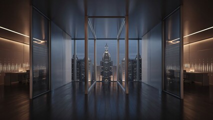 Modern Office Space with City Skyline View at Night, Panoramic Window Design