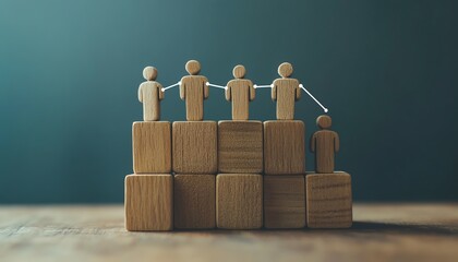 Icon of people on wooden blocks with lines connecting them, symbolizing collaboration, cooperation, and communication in business, community, or employees, open copy space